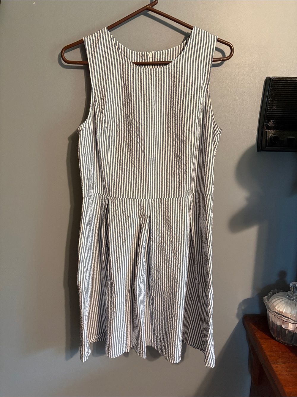 Sleeveless Striped A-Line Cotton Dress - Navy & White